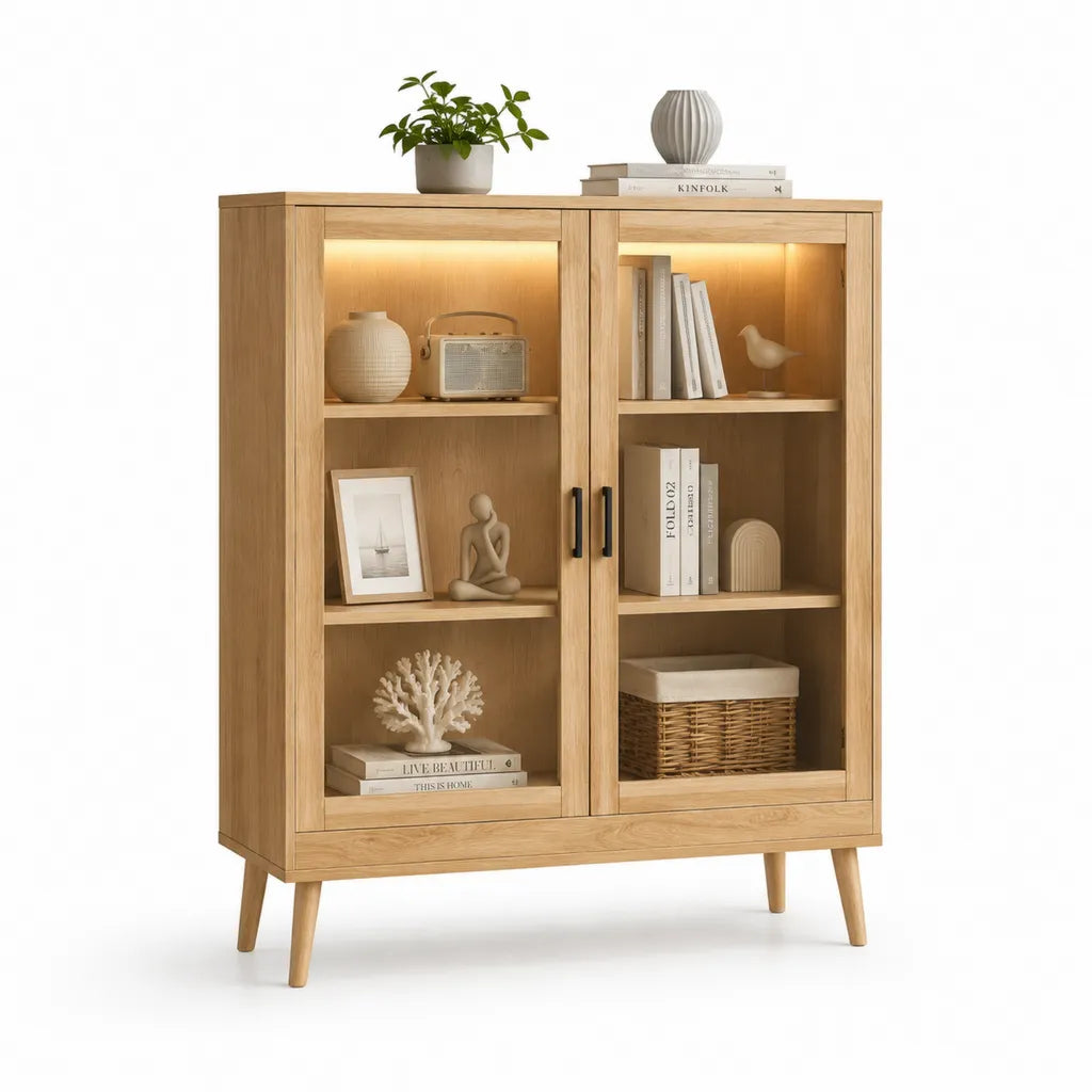 Vitrine mit LED-Beleuchtung 90 x 40 x 160 cm Eichenfurnier rechteckig Natur
