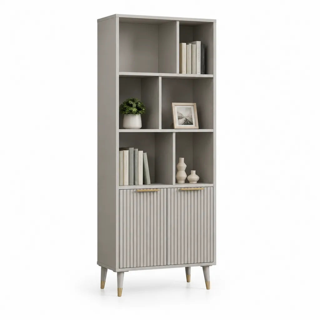 Buecherregal mit 6 offenen Faechern und 2 Tueren aus Spanplatte in Taupe Gold 80 x 35 x 190 cm