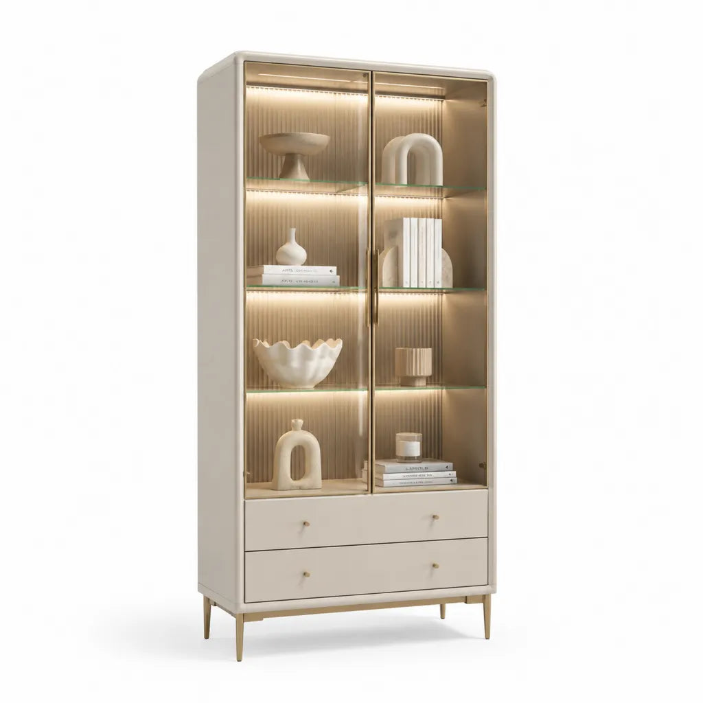 Vitrine mit LED Beleuchtung 90 x 40 x 190 cm aus MDF und Glas rechteckig cremeweiss goldfarben