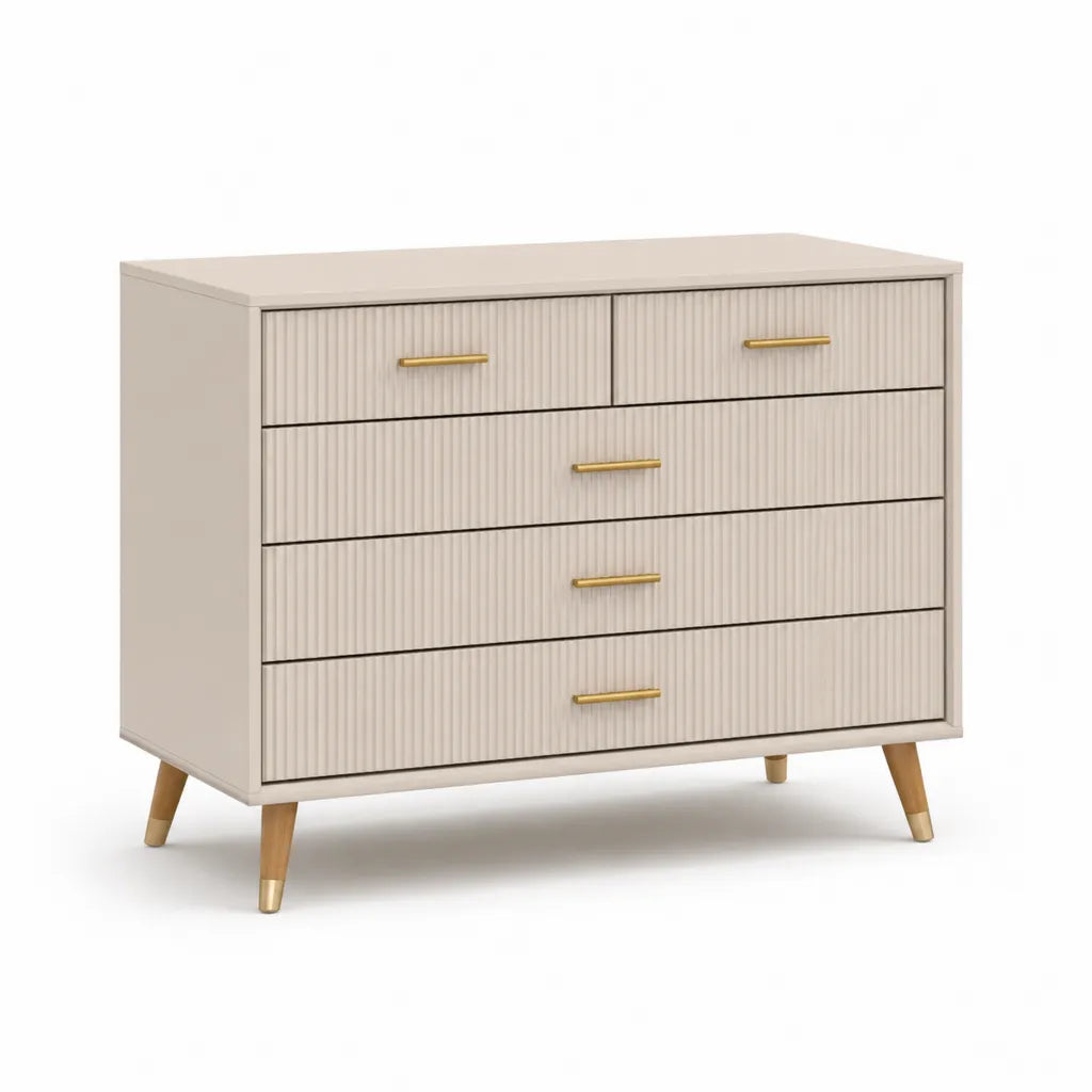 Kommode mit 5 Schubladen aus MDF mit geriffelter Front cremeweiss 120 x 40 x 90 cm