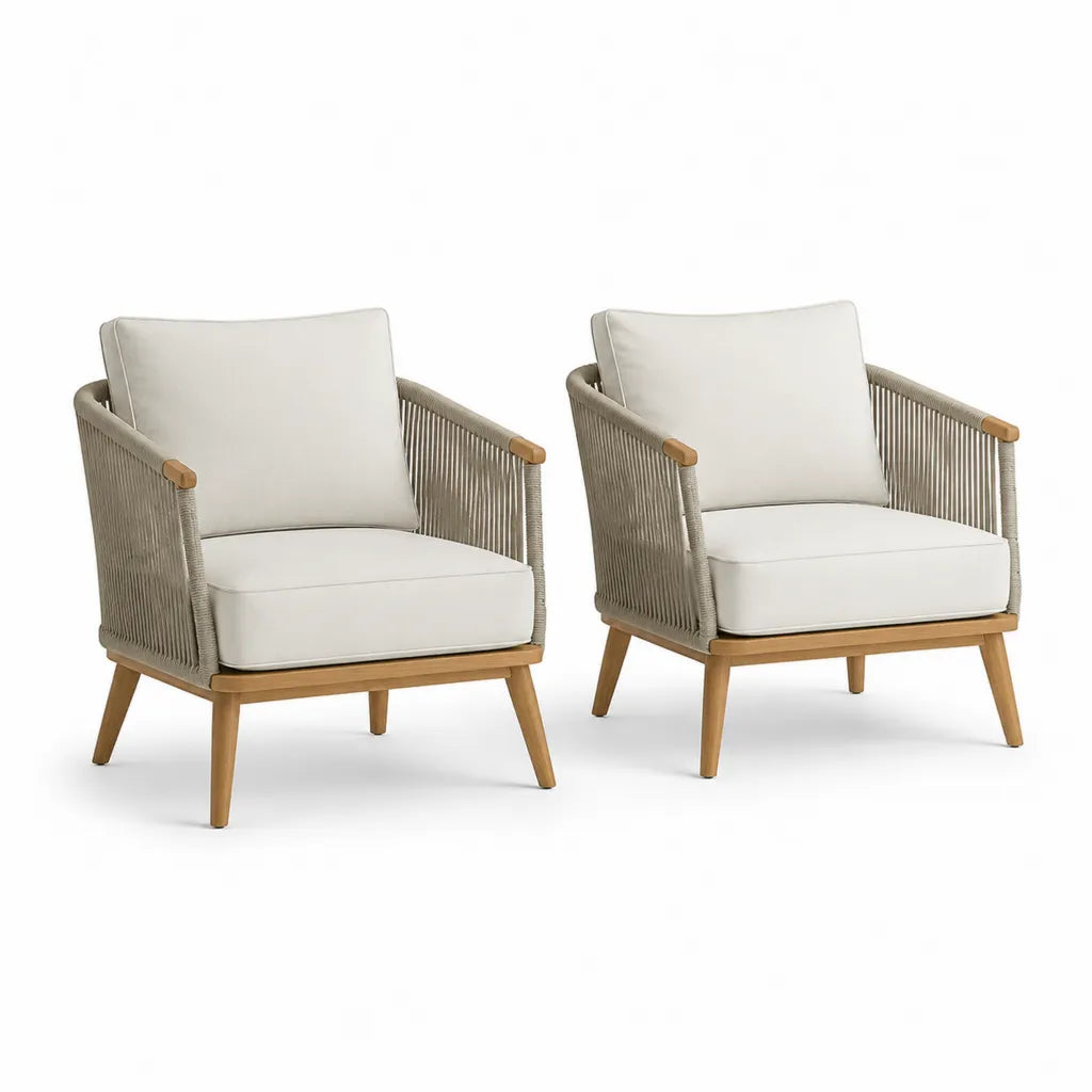 Gartensessel 2er Set 72 x 78 x 80 cm aus Akazienholz PP-Seilgeflecht Polyester Cremeweiss Natur